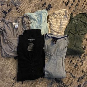 4 long sleeve, 2 quarter sleeve maternity shirts. Gray long is a nursing shirt